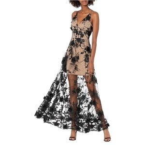 Dress The Population Sidney Gown Sheer Black Nude Lace Floral Maxi L